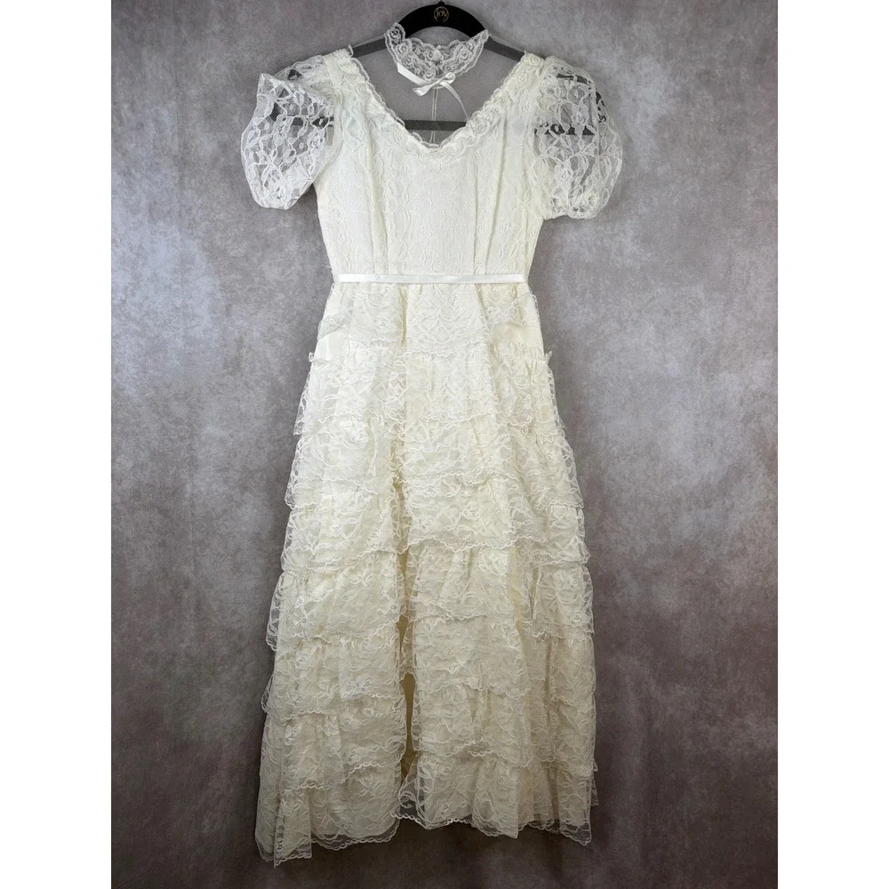Vintage 70/80s Lace Tiered Dress Girls Size 7 Ivory Formal Flower Girl Unbranded